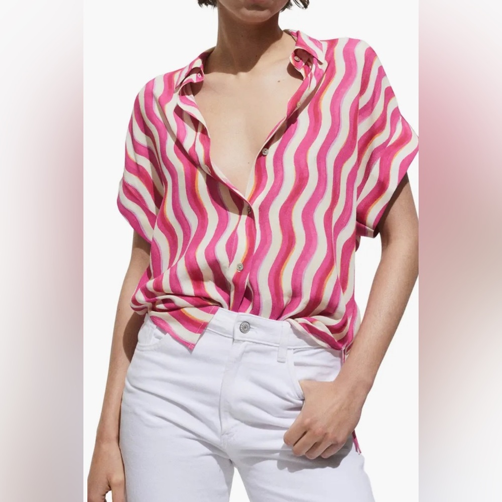 Mango Pink Wave Stripe Button-Down Shirt
